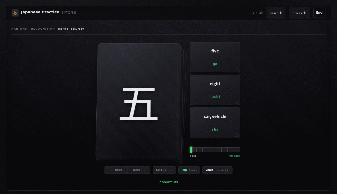 Kanji card — readings on every option