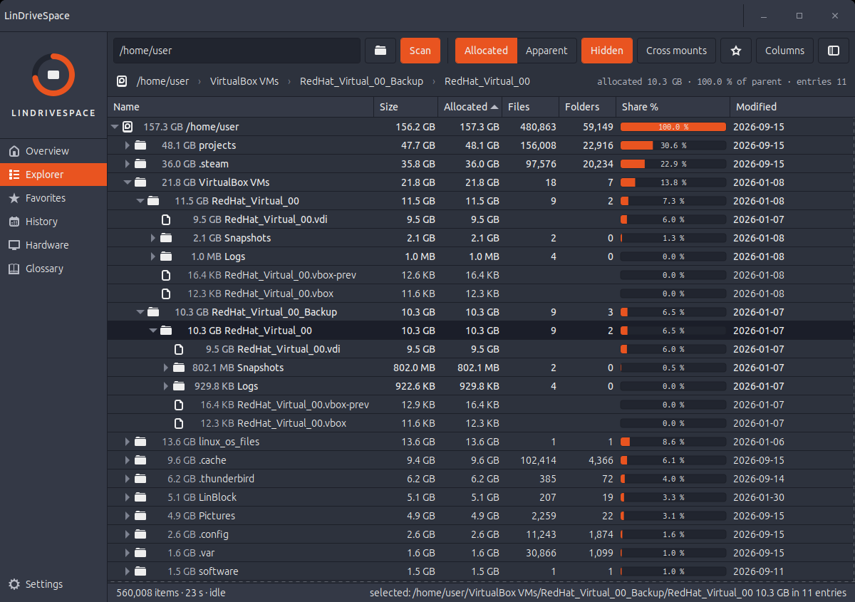 Explorer — drilling into VirtualBox VMs under /home/user