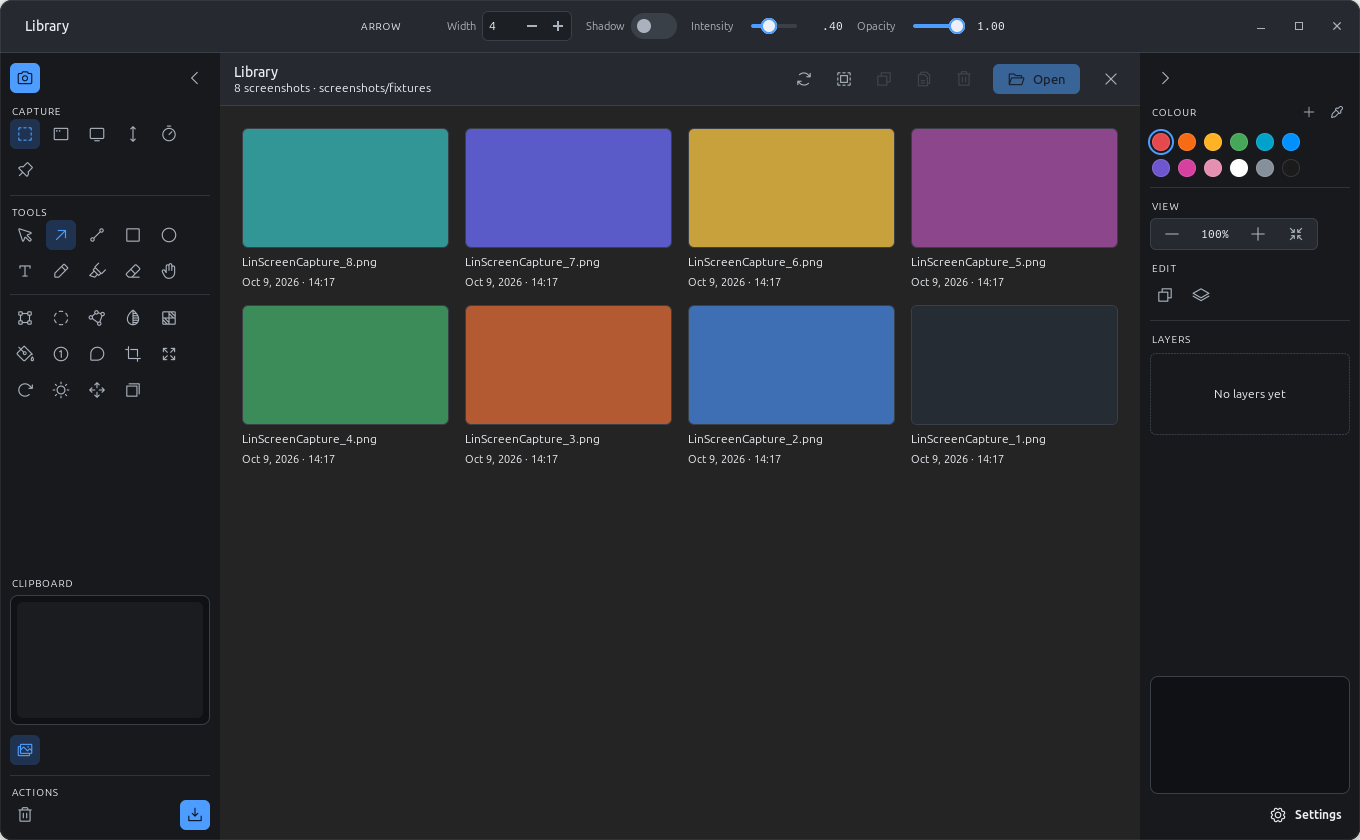 Library page: the save folder as a newest-first thumbnail grid