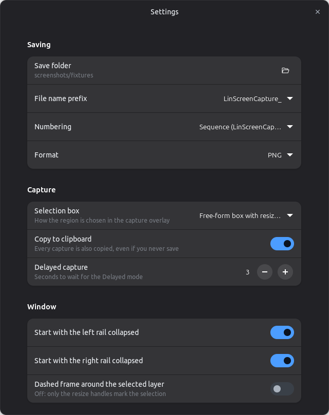 Settings dialog: Saving, Capture and Window rows